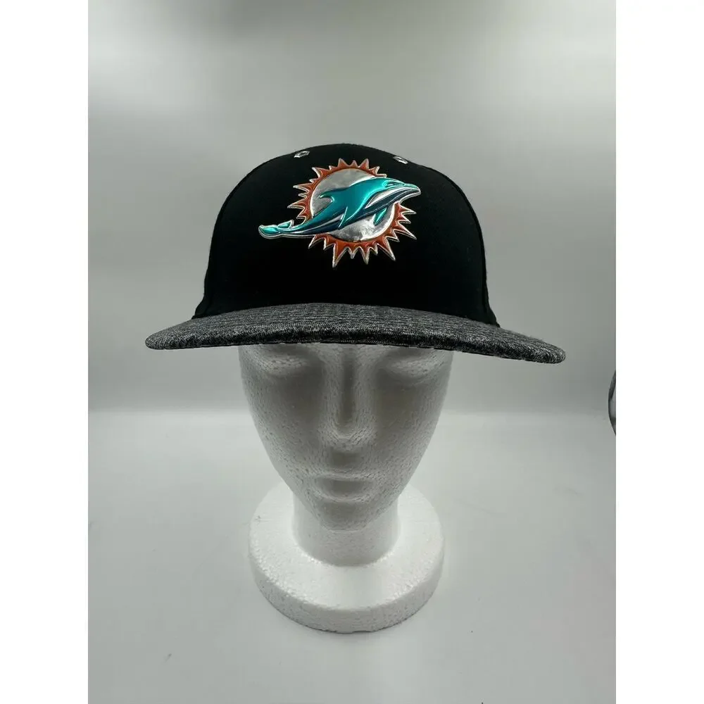 Miami Dolphins Fitted Hat Cap - Size 7 1/8 - New Era 59Fifty - Black Blue Grey